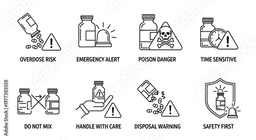 Warning signs, hazardous material icons, safety symbols, poison danger, emergency alert