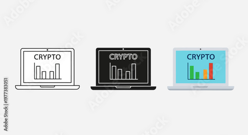 Crypto currency, laptop icons, vector graphics, business finance symbols