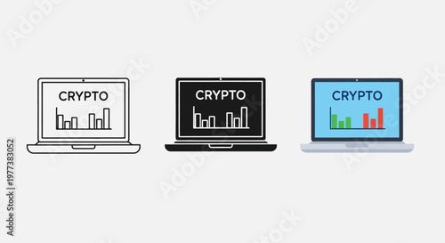 Cryptocurrency, crypto trading, laptop icons, vector graphics, business finance illustrations