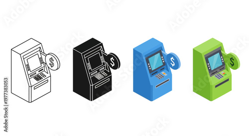 ATM, bank machine, payment terminal, financial icons, vector