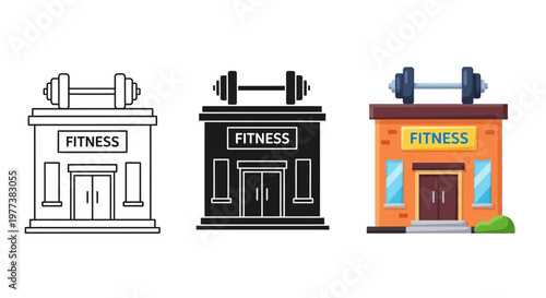 Fitness gym icons, workout studio logos, exercise club signs, colorful vector graphics