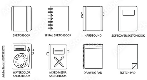 Sketchbook, notebook, and drawing pad icons, vector set of 8