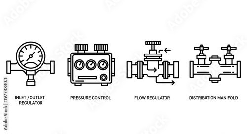 Industrial valve and regulator icons, industrial control valve symbols, plumbing regulator signs, mechanical equipment illustrations
