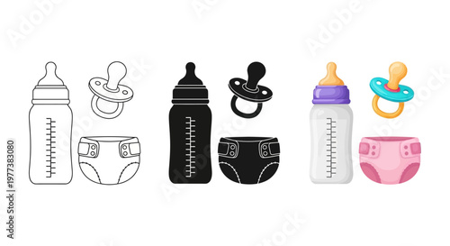 Baby care icons, diapers, pacifiers, bottles, nursery essentials, 7 vector symbols