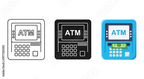 ATM icons, bank machine symbols, payment terminal graphics, financial vector illustrations