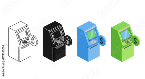 ATM machines, colorful vector icons, banking terminals, payment kiosks