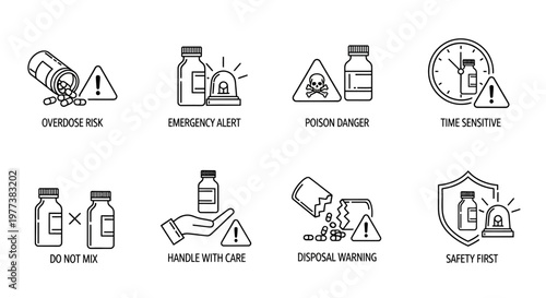 Warning icons, safety symbols, hazard signs, caution labels, vector graphics