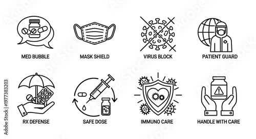 COVID-19 icons, coronavirus protection symbols, virus block graphics, health safety signs