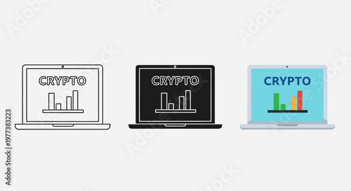 Crypto, cryptocurrency, blockchain, laptop icons, financial technology, digital currency