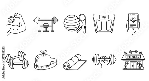 Fitness icons, workout symbols, healthy lifestyle, gym signs, vector illustrations