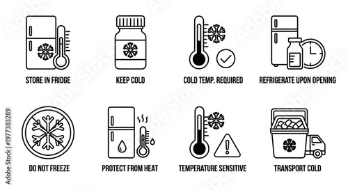 Temperature control icons, cold storage symbols, refrigeration signs, handling labels