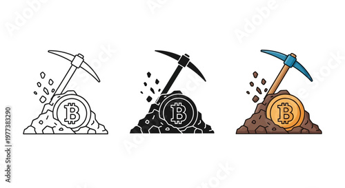 Bitcoin mining icons, cryptocurrency symbols, blockchain vector graphics, digital currency illustrations