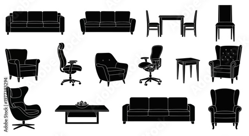 Furniture icons, office chairs, sofas, tables, black silhouette vector set
