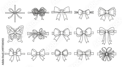 Collection of Hand-Drawn Bows and Ribbons in Various Styles for Decorative Purposes