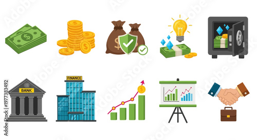 Comprehensive Collection of Flat Business and Finance Icons Illustrating Money, Banking, Investment, and Growth Concepts