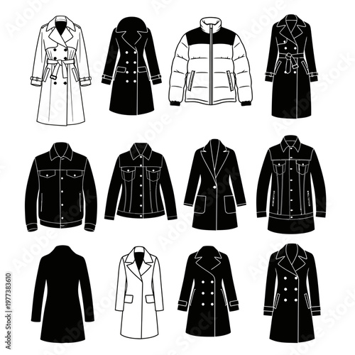 A collection of various coats and jackets in a minimalist vector illustration style