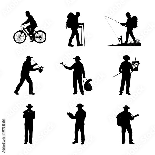 A set of black silhouette icons depicting a man engaging in various outdoor and creative activities