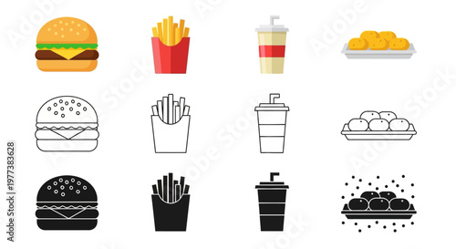 Fast food icon set with burger, french fries, soda cup and chicken nuggets, flat and line art vector illustrations for restaurant menus