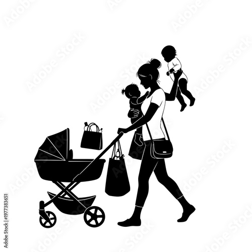 A mother pushing a stroller with a baby while carrying another child and her shopping bags