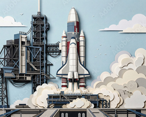 Layered paper style rocket launching from a space station with clouds, creative illustration, space exploration concept, modern design, craft aesthetic.