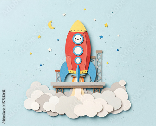 Cute cartoon rocket with clouds on a pastel background, playful applique style illustration, child friendly design, imagination and adventure theme, fun concept.