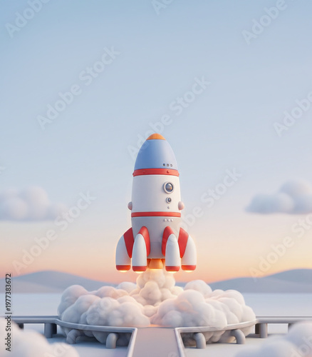 3D cartoon rocket launching into the sky with clouds, space travel concept, innovation and startup idea, futuristic design, exploration theme.