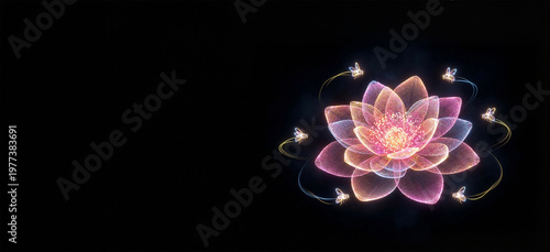 Glowing abstract flower and bees made of light particles on a dark background, futuristic design, digital art, beauty and harmony concept, neon style.