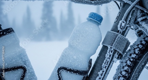 Close up of frozen water bottles on bicycle frame covered in frost in winter snowy forest