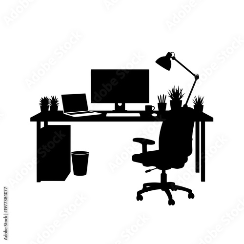 Εκτύπωση καμβά A minimalist office workspace with a desk, chair, computer, and plants in a simp