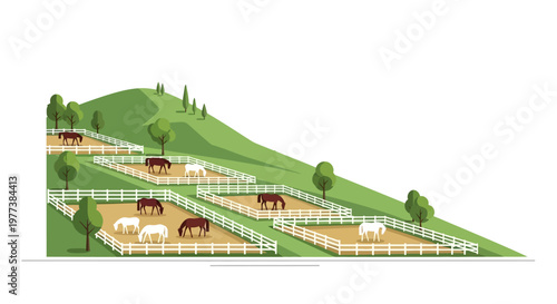 Stylized Illustration of Horses Grazing in Pastures on a Hillside