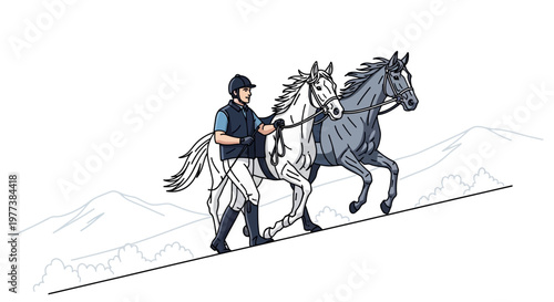 Equestrian Trainer Leading Two Horses Upward on a Slope in Illustration