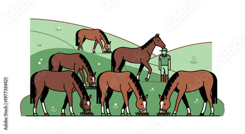 Brown Horses Grazing on Green Hillside in Simple Vector Illustration