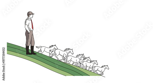 Man in Uniform Watching Horses Run Down a Green Slope