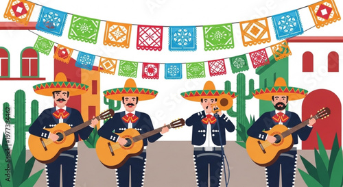 Mariachi musicians playing guitars and singing in a festive mexican village with colorful papel picado and sombreros