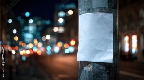Blank paper mockup on urban street pole at night