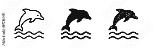 Jumping dolphin icon set featuring outline, solid silhouette, and hand-drawn styles for marine life themes.