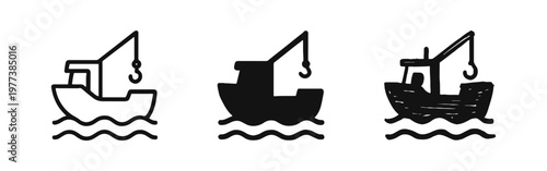 Fishing boat icons with crane and waves in outline, silhouette, and hand-drawn styles for nautical designs.