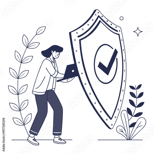 A woman diligently protects a laptop with a shield symbolizing cybersecurity and data protection in a modern context high quality professional detailed