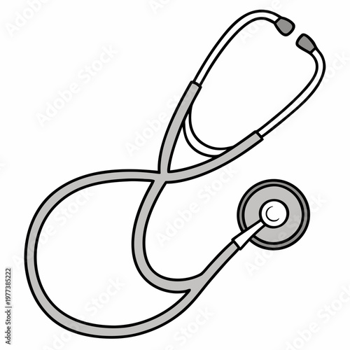 A simple cartoon style illustration depicts a classic stethoscope with a circular chestpiece and curved tubing symbolizing medical care high quality professional