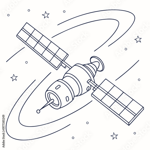 A linear illustration depicts a spacecraft or satellite orbiting earth surrounded by stars and swirling orbital paths high quality professional detailed modern