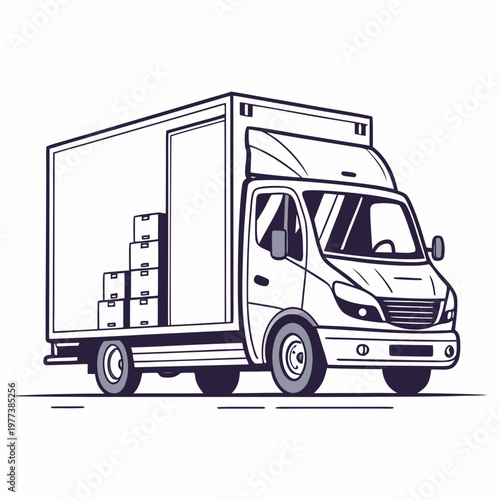 A detailed line drawing depicts a white delivery truck loaded with stacked cardboard boxes on its flatbed trailer high quality professional modern