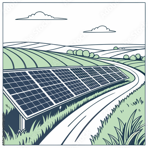 A stylized illustration depicts a sprawling solar panel farm situated within a rolling green landscape under a partly cloudy sky high quality