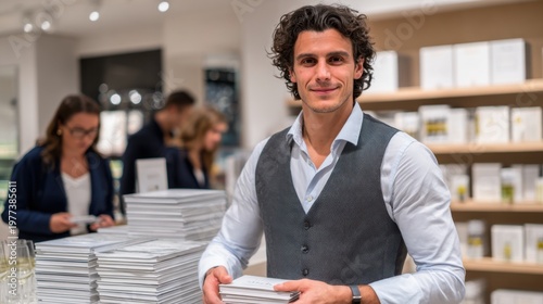 Male bookseller in gray vest holding a stack of books in a modern bookstore with shelves filled with various publications and customers browsing in the background