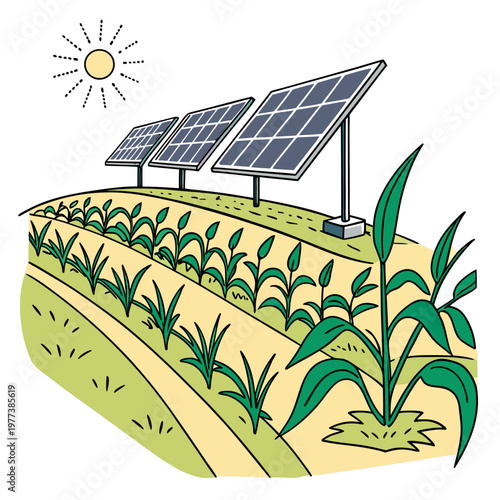 An illustration depicts three solar panels positioned over a field of green crops powered by the sun s energy high quality professional