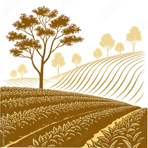 A stylized illustration depicts rolling hills of farmland featuring a prominent foreground of crops and trees in warm tones high quality professional