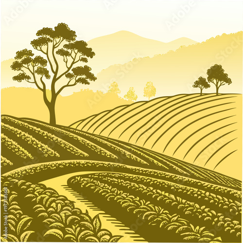 A serene landscape depicts rolling hills a winding path and lush vegetation under a golden sky evoking a peaceful rural scene