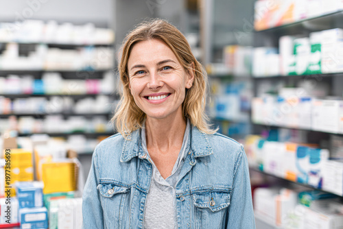 Free Download A woman smiles in a pharmacy, standing in front of shelves filled with medicines and health products. - GFXLoad