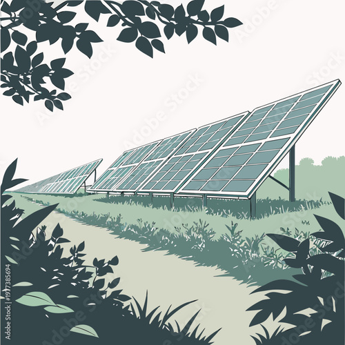 A stylized illustration depicts a row of solar panels in a field partially obscured by lush green foliage and vegetation high quality