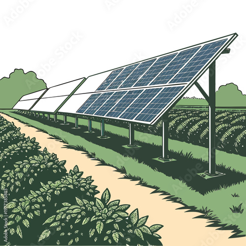 A stylized illustration depicts rows of solar panels in a green field showcasing renewable energy technology and sustainable power generation high quality