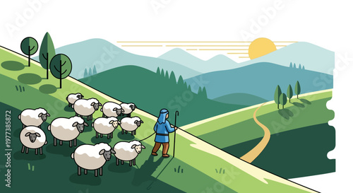 Shepherd Leading Flock of Sheep Across Green Landscape Towards the Horizon